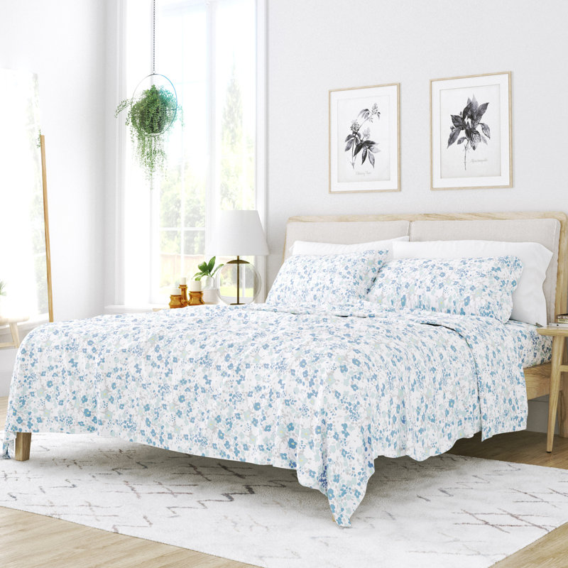 King Light Blue Floral Microfiber Sheet Set with Deep Pockets