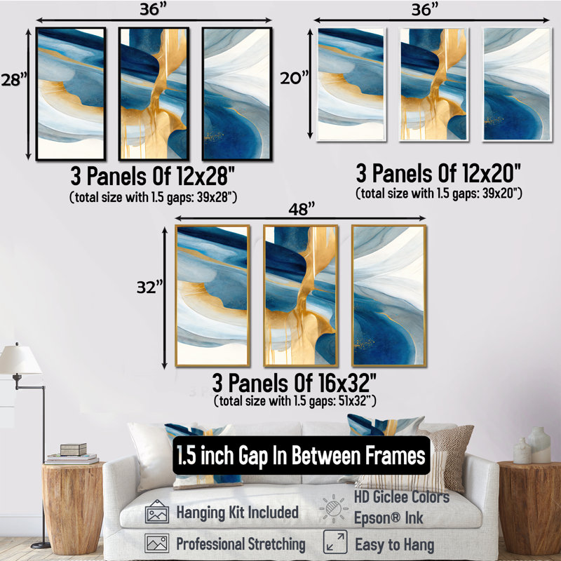 Dhurata Bold Expression Art I - 3 pièces, H 28 po x l 36 po x P 1 po, Cadre blanc