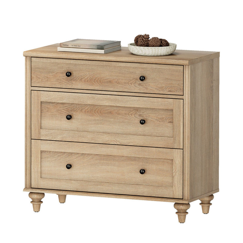 Table de bout pour chambre à coucher avec 3 tiroirs Corretta, Plateau chêne / base chêne, 1