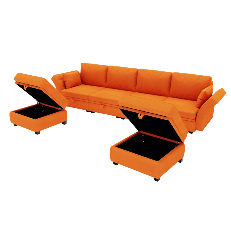 Wide Reversible Modular Sofa & Chaise with Ottoman, Orange Linen