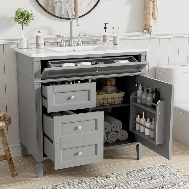 Meuble-lavabo moderne 36 po avec lavabo supérieur, armoire de rangement avec 2 tiroirs et un tiroir basculant