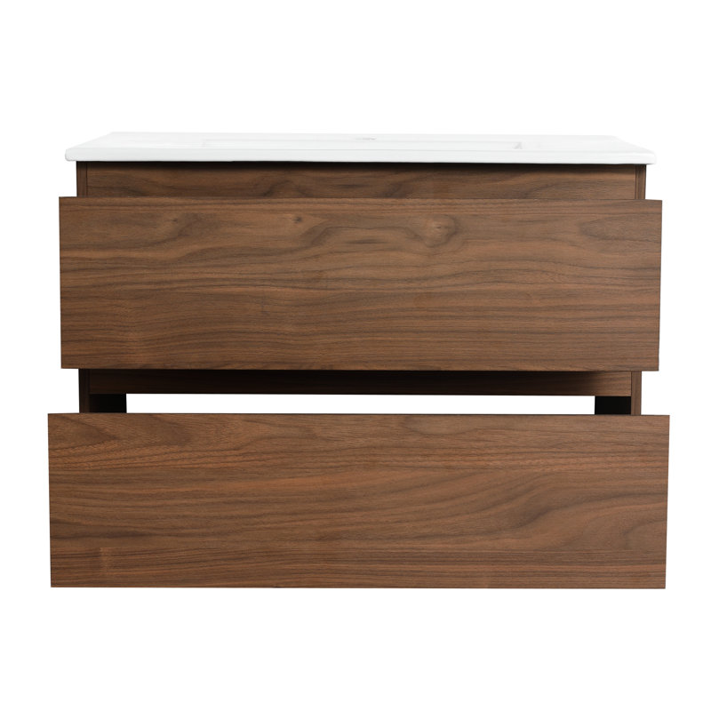 Meuble-lavabo en céramique 30 po - fixé au mur, 2 tiroirs à fermeture en douceur, pièce de décoration élégante avec luminaire attrayant