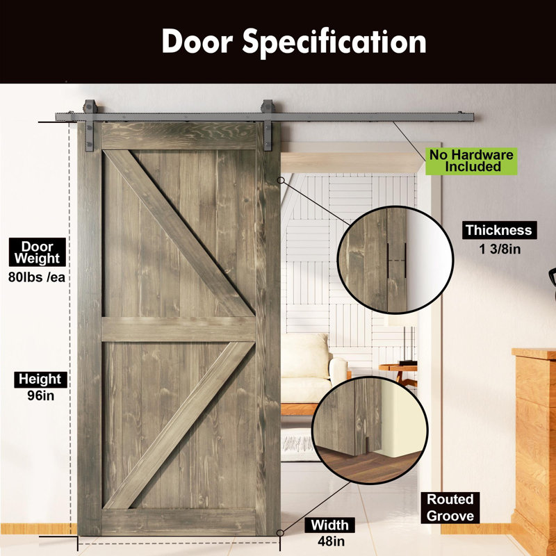 96'' Solid Wood Semi-Gloss without Installation Hardware Kit Barn Door, 48" x 96"