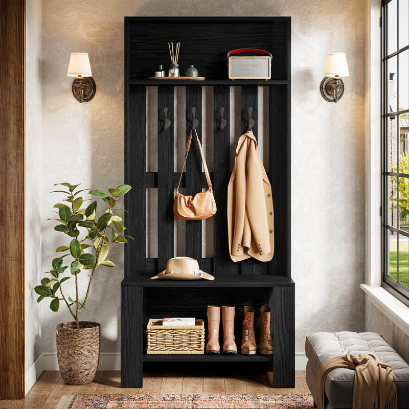 70.9"H Hall Tree with Bench and Shoe Storage, Black