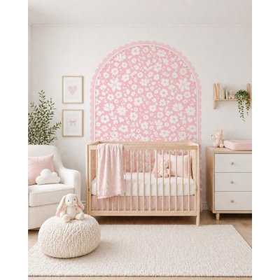 Pink Floral Arch Wall Decal for Girls Nursery | Scalloped Boho Flower Wall Sticker | Peel and Stick Removable Wall Decor