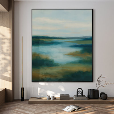 Extra Large Wall Art Fabric Print - Calm Blue River Landscape with Green Meadows Artwork Decor for Living Room or Bedroom - "Frame Assembly Required (Unfinished Frame)"