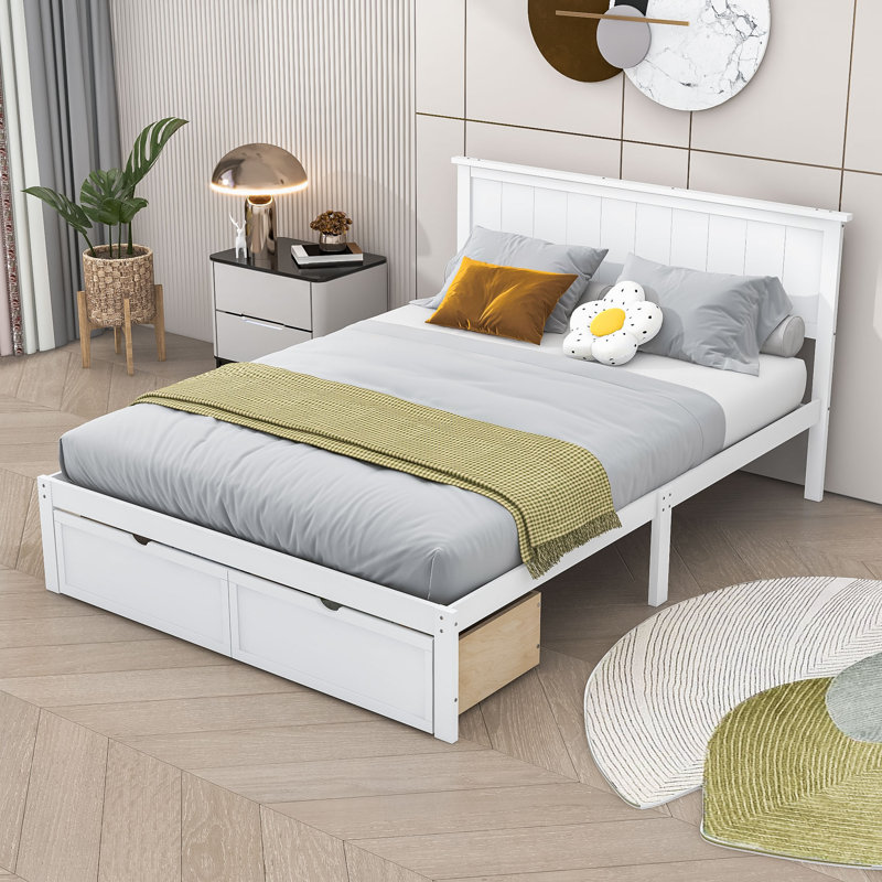 Wooden Platform Bed with Storage Drawer and Headboard, White, Full