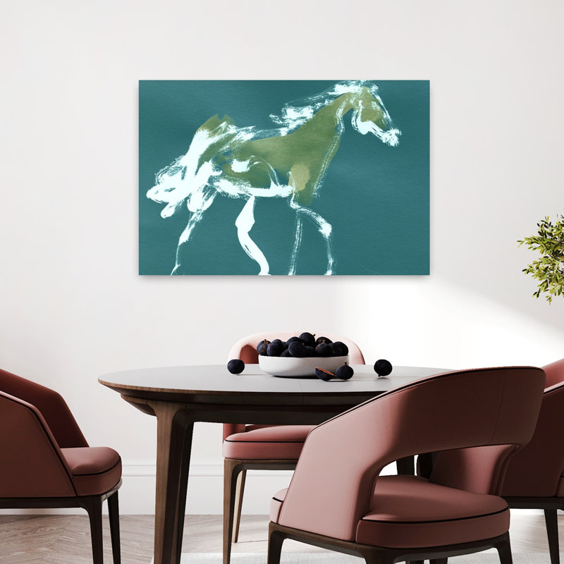 Cheval bleu sarcelle galopant, impression abstraite, cheval moderne, art mural, 24" H x 36" W