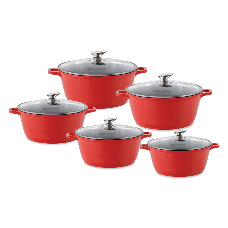 SQ Professional Nea 5 Pieces Aluminium Non-Stick Cookware Set with Glass Lids, Rossa (Red)