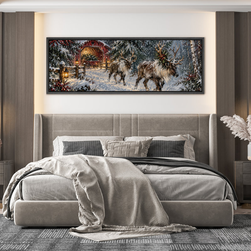Forêt de Noël enneigée avec des rennes - Grande toile encadrée pour la chambre principale, 20" H x 60" W x 1.5" D, Black