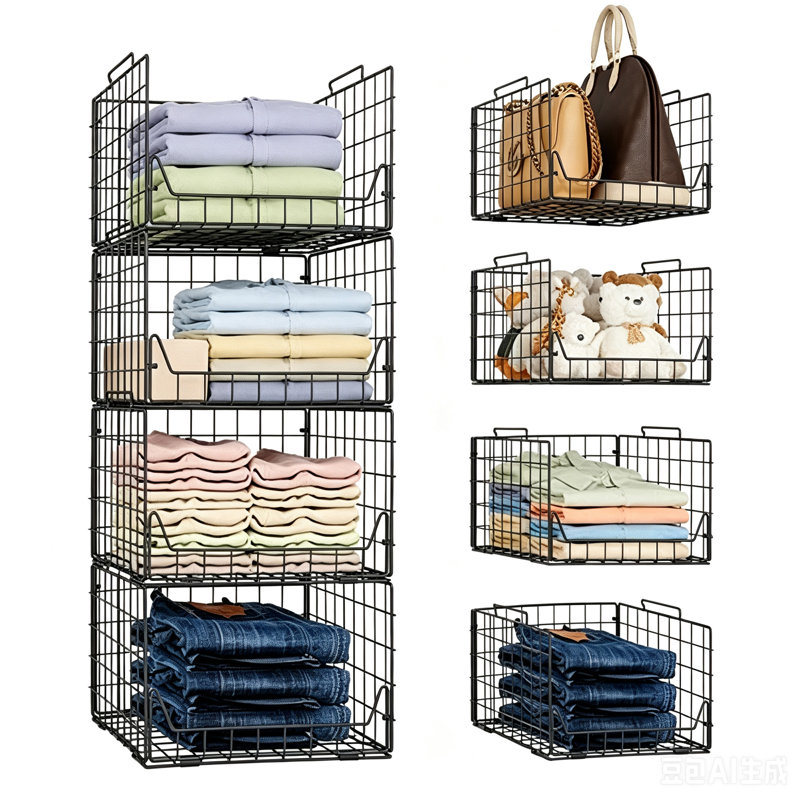 Stackable Metal Closet Organizer Bins, 4-Pack Black