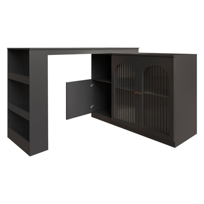 360° Rotating Bar Table Multifunctional Storage Cabinet With Glass Door, Black
