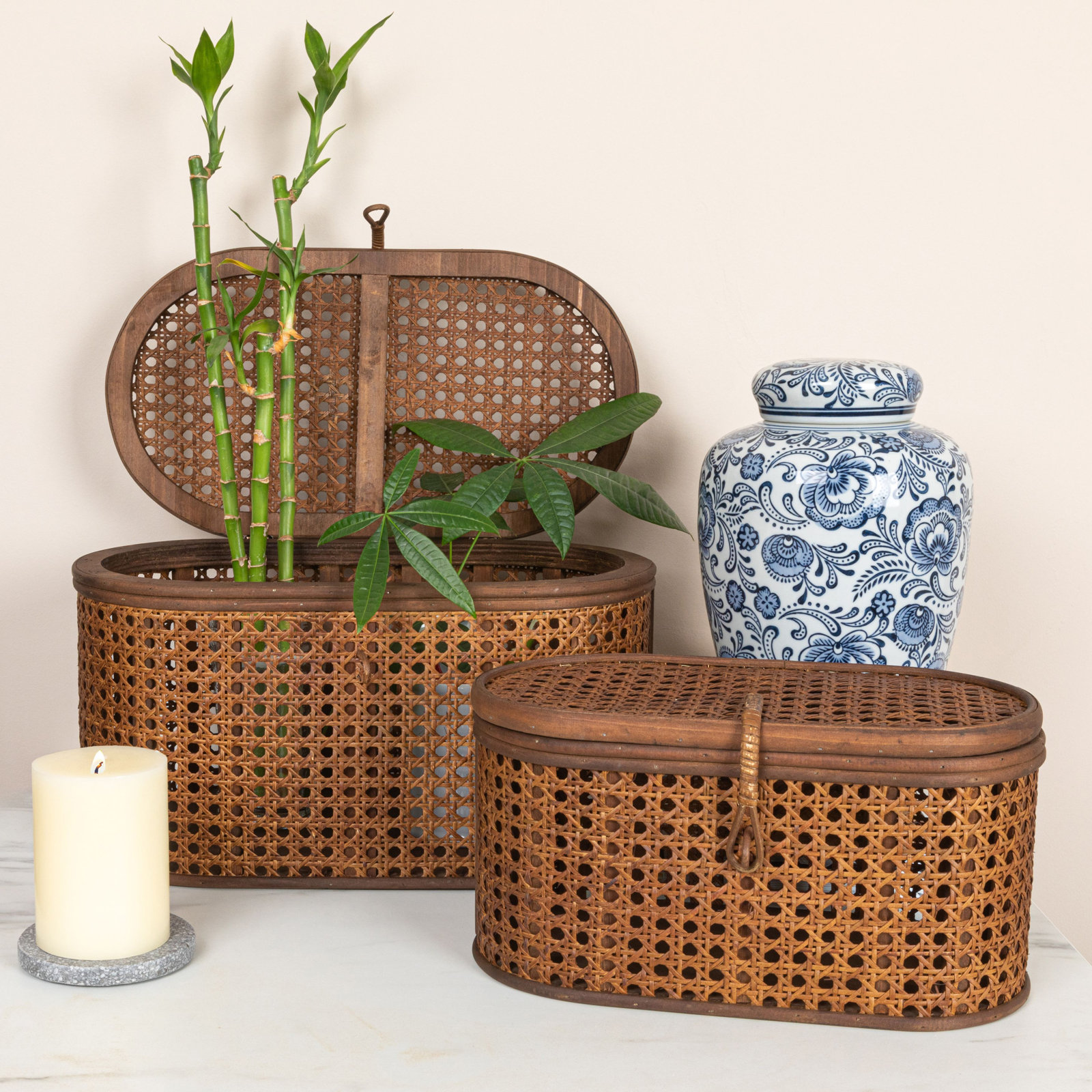 Edelie Coastal Rattan Decorative Basket - Set of 2, Brown