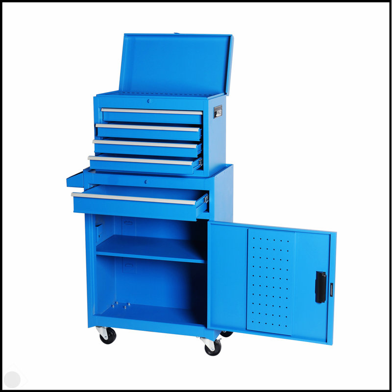 Coffre à outils, armoire de rangement à outils à 5 tiroirs avec coffre à outils amovible, doublure, roues verrouillables universelles, tablette réglable, mécanisme de verrouillage, chariot à outils en métal pour atelier de garage
