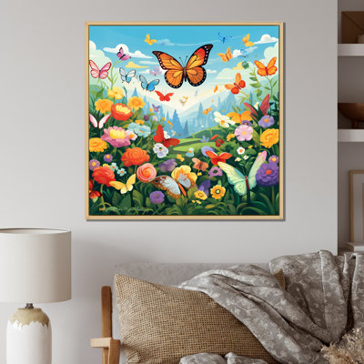 Papillon monarque orange, champ de fleurs idyllique I