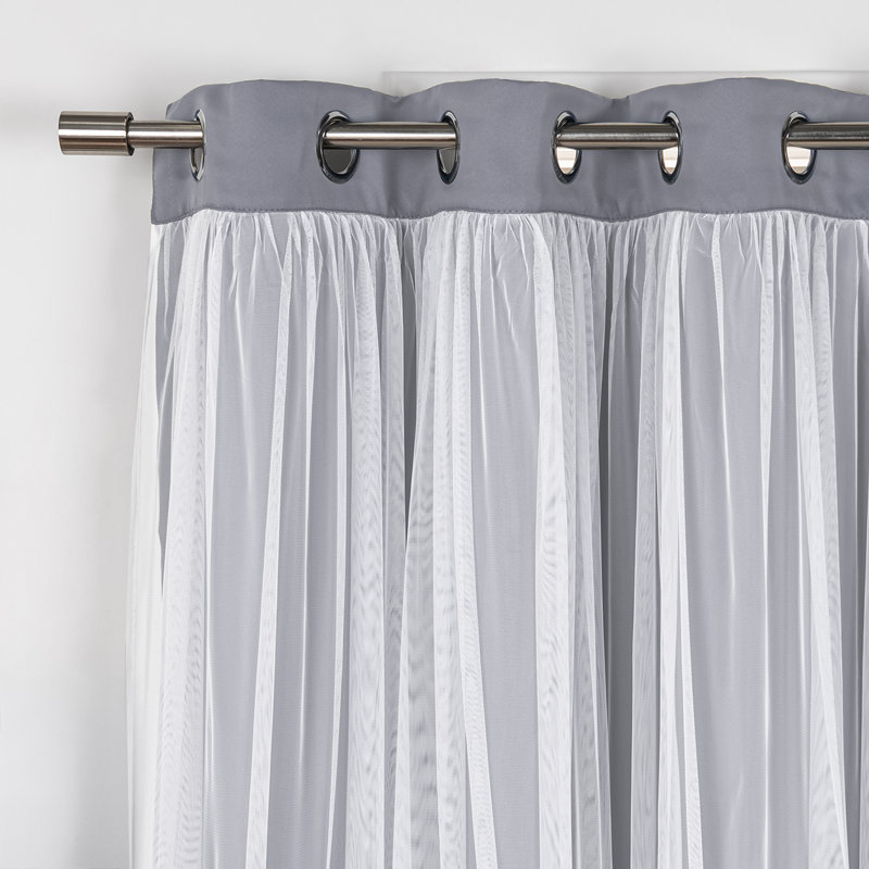Fortuna Brockham Solid Tulle Overlay Room Darkening Grommet Curtain Panels, Gray, 52" W x 63" L