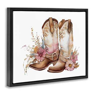 «Blooming Cowboy bottes», art mural encadré noir sur toile flottante par Birch & Ink