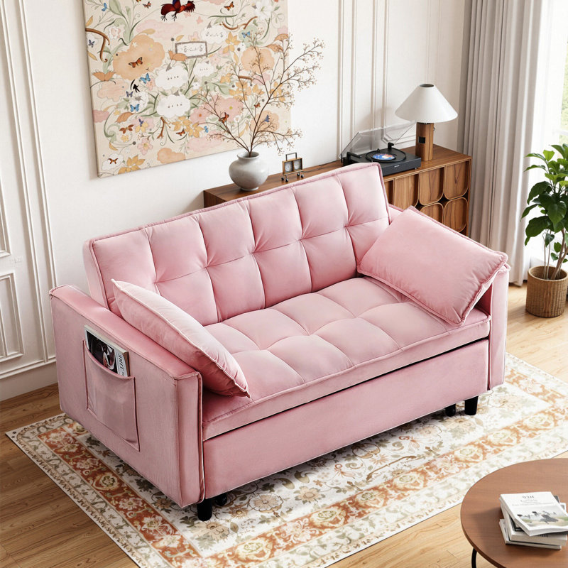 Canapé moderne en velours, canapé-lit convertible 3 en 1, petite causeuse de 55 pouces avec dossier, canapé-lit avec coussin, poches, mobilier de salon, rose