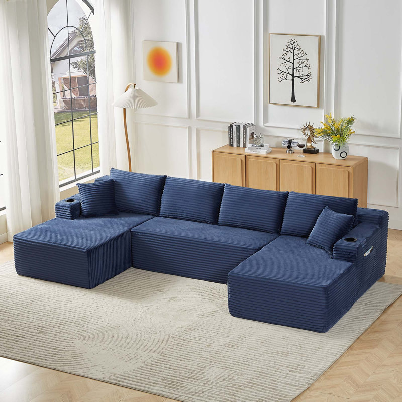 Canapé modulaire modulaire, H 26 po x l 133,5 po x P 66,1 po, Velours côtelé bleu