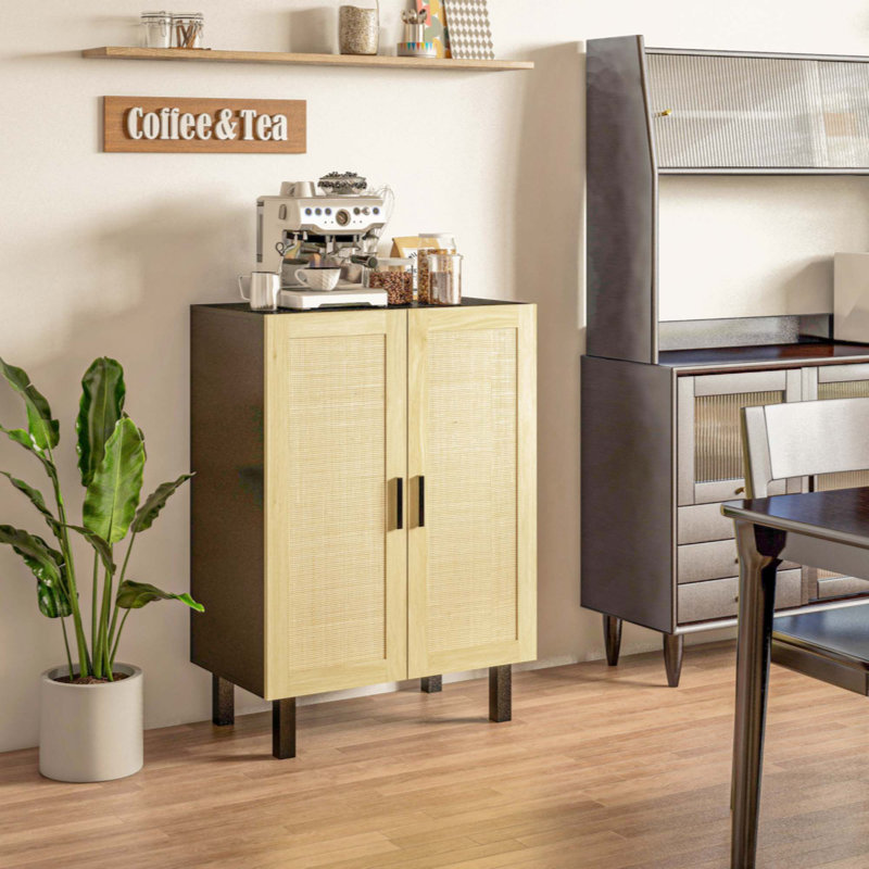 Sideboard Buffet Cabinet, Kitchen Cabinet, Coffee Bar Cabinet with 2 Rattan Doors, Black/Natural
