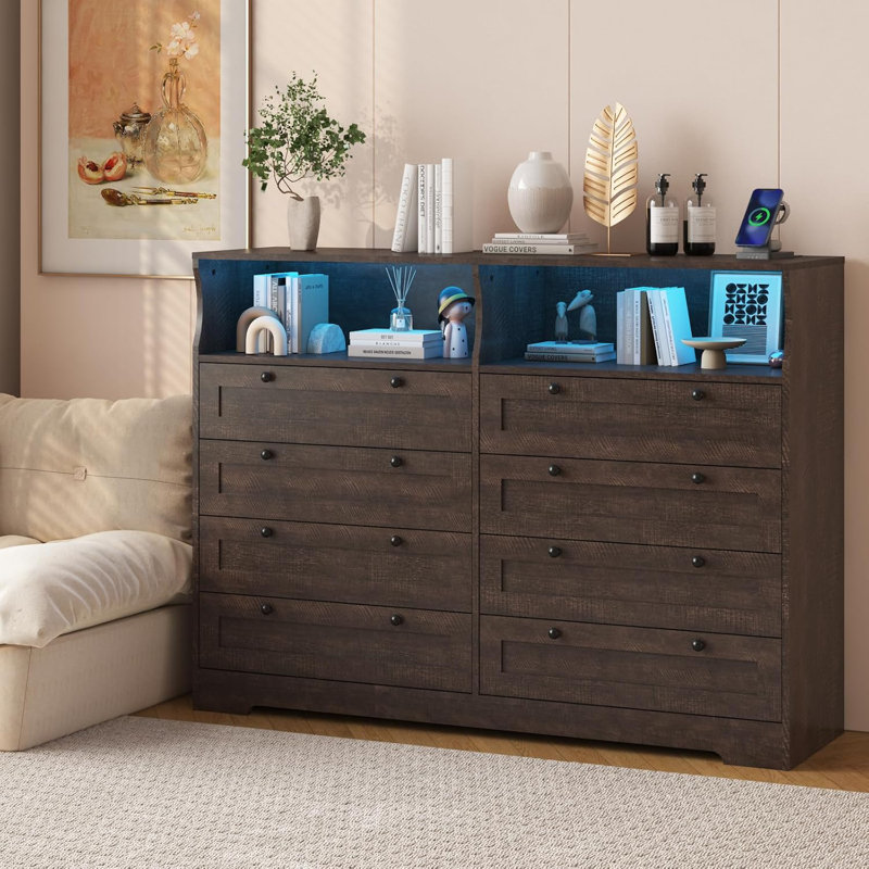 8 Drawers Wooden Dressers For Bedroom Living Room, Hallway, Wood Dressers With Led Lights And Charging Station, 55" Wide Chest Of Drawers, Modern Solid Wood Dresser TV Stand For 55" TV
