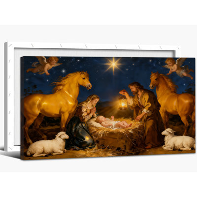 Nativity Wall Art - Christmas Nativity Scene Pictures Wall Decor, Oh Holy Night Nativity Canvas Wall Art for Living Room, O Holy Night Nativity Scene Painting Wrapped Frame, 12×24 inches