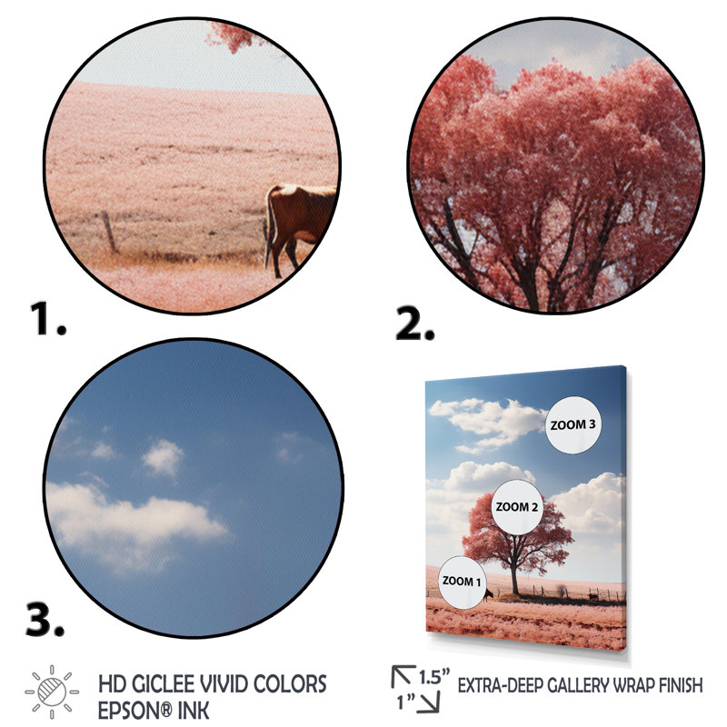Pink Tree Tranquil Fields - Landscapes Canvas Art Print, H 32 po x l 24 po x P 1 po, Cadre photo noir