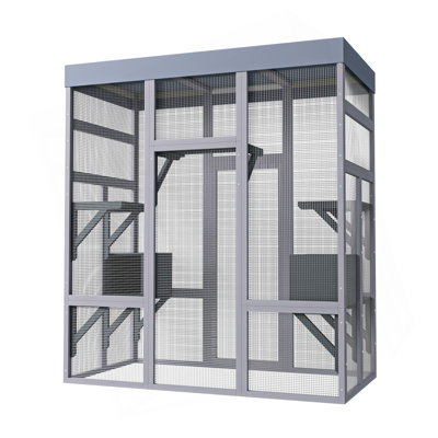Cage d'extérieur en bois 62,6 po pour chats, grande enceinte pour chat avec toit imperméable, 2 maisons pour faire la sieste, plateformes et grillage galvanisé - Cage pour animaux pour cour ou patio