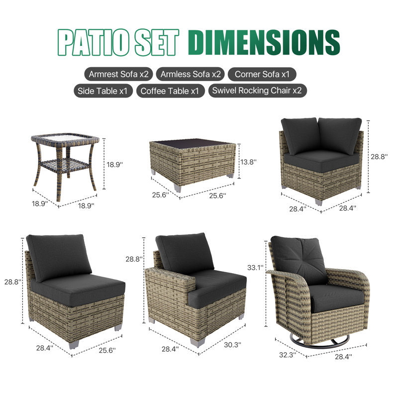 Ensemble modulaire de patio en osier toutes saisons avec 2 chaises pivotantes pivotantes, Black/Dark Grey