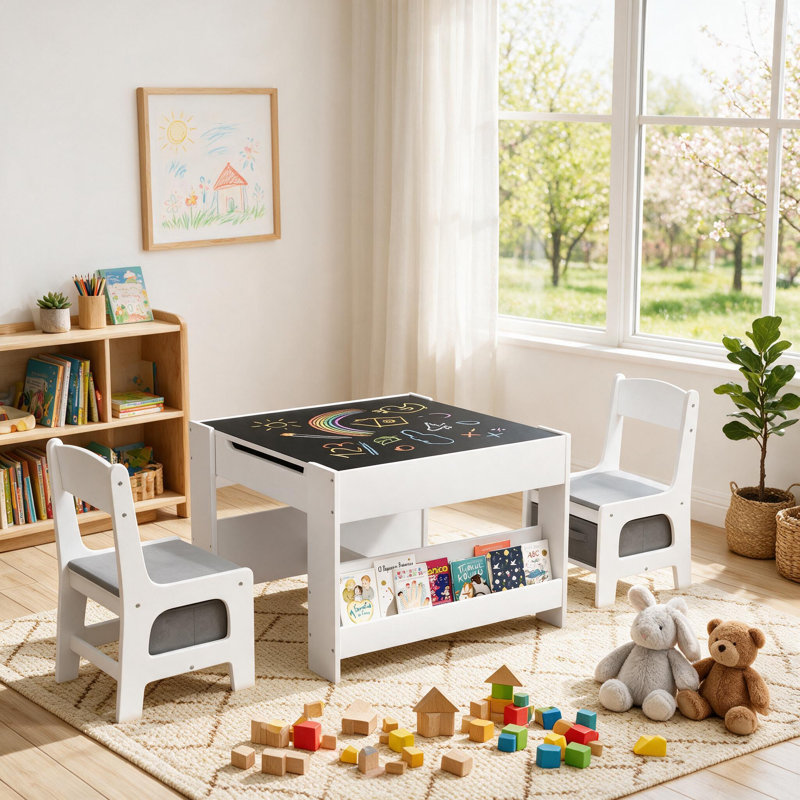 Kids Table And Chairs Set, 4 In 1 Toddler Art Desk With Storage Drawer, Wooden Activity Deskboard, Blackboard, Reversible & Detachable Tabletop, Bookshelf For Drawing, Playing, Learning(gray)