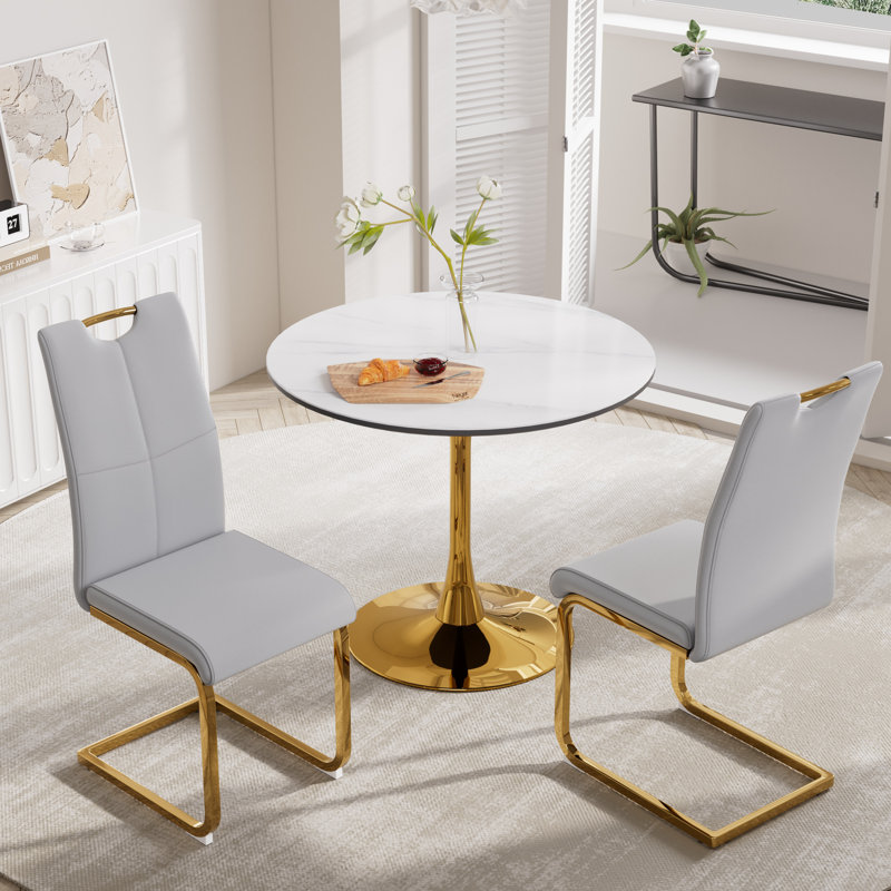 Ensemble de table à manger élégant en MDF 3 pièces pour 2 personnes, Gris/doré