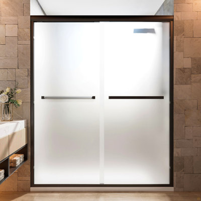 Porte de douche coulissante double encadrée l 56 à 60 po x H 72 po, verre trempé ultra-transparent givré 1/4 po (6 mm) avec revêtement autonettoyant nano, finition noir mat, installation réversible