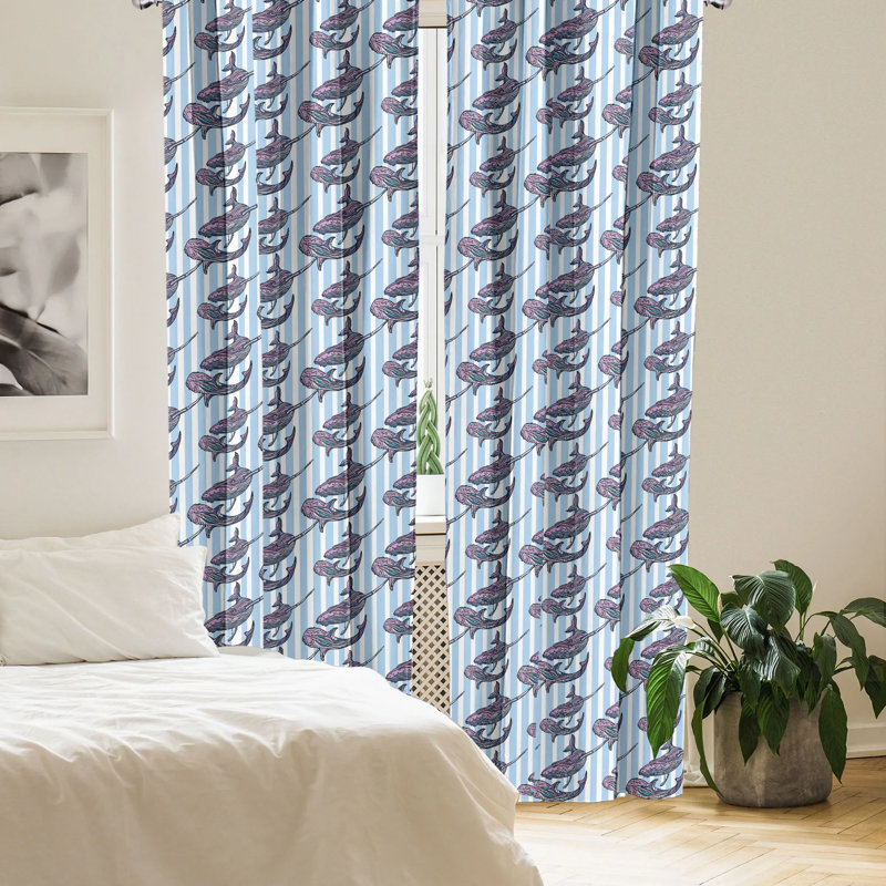 Whale Pattern Light Blue and White Polyester Curtain Panels