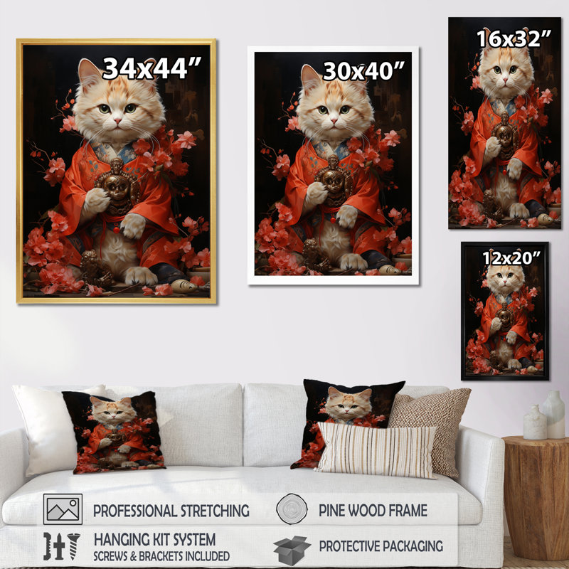 Uzay " Japon Art Waving Manekineko I ", 20" H x 12" W x 1" D, Black Picture Framed