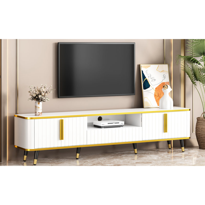 Meuble audio-vidéo moderne avec téléviseurs de 80 à 89 po, blanc et or