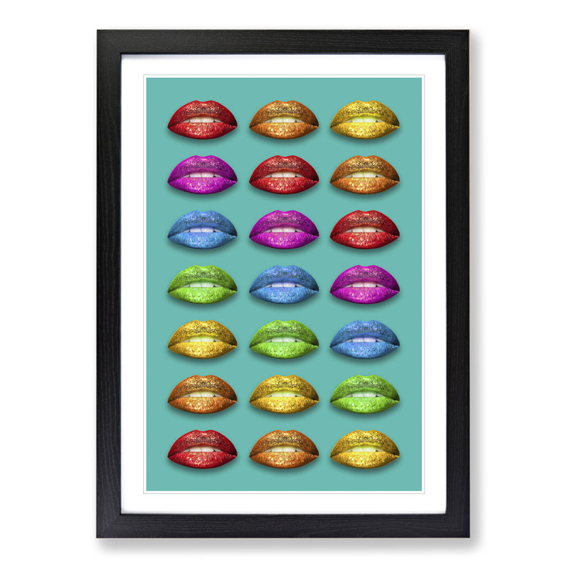 Rainbow Lips Teal - Single Picture Frame Print on Wood, 36cm H x 27cm W x 2cm D, Black Framed
