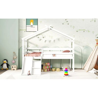 Twin Low Loft House Bed With Slide,  Ladder