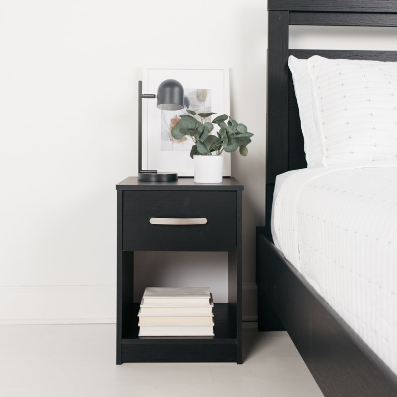 Dymone One Drawer Wood Nightstand, Black, 22.09" H x 15.79" W x 15.83" D