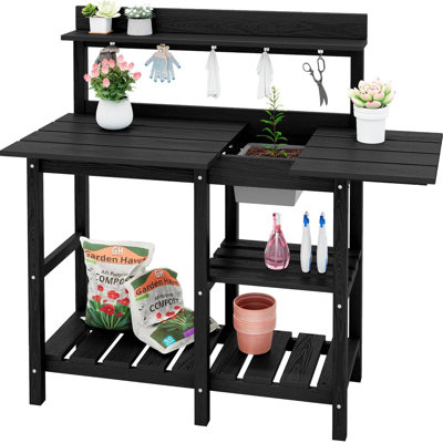 Établi de jardin tout-en-un: table de rempotage robuste avec évier intégré, tiroir de rangement et tablettes | Fabrication en PEHD durable pour une utilisation extérieure