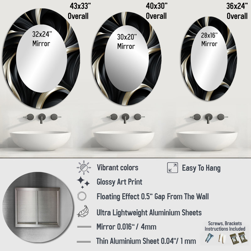 Smithtown - Miroir mural ovale noir glam, H 36 po x l 24 po