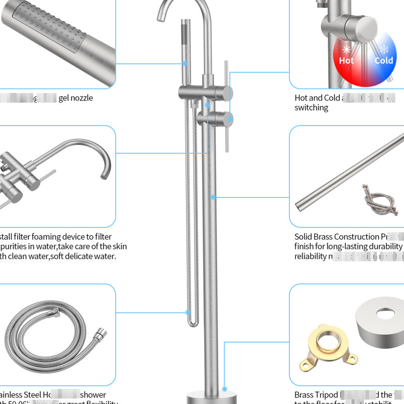 Robinet de baignoire à fixation au sol à haut débit en nickel brossé - Comprend une douche à main et une fabrication solide pour un style durable en métal-céramique