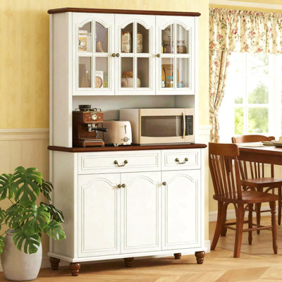 Buffet de cuisine blanc avec 6 portes, 2 tiroirs et 3 tablettes réglables à 3 niveaux