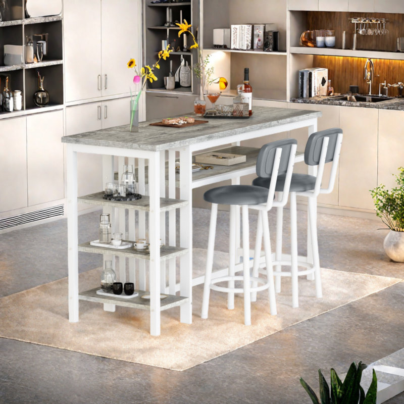 Ensemble de table de bar 3 pièces, ensemble de table de salle à manger pour 2 personnes, ensemble de table de bar et de chaises avec tabouret en polyuréthane et 4 tablettes de rangement ouvertes, ensemble de table de pub pour petit espace, gris