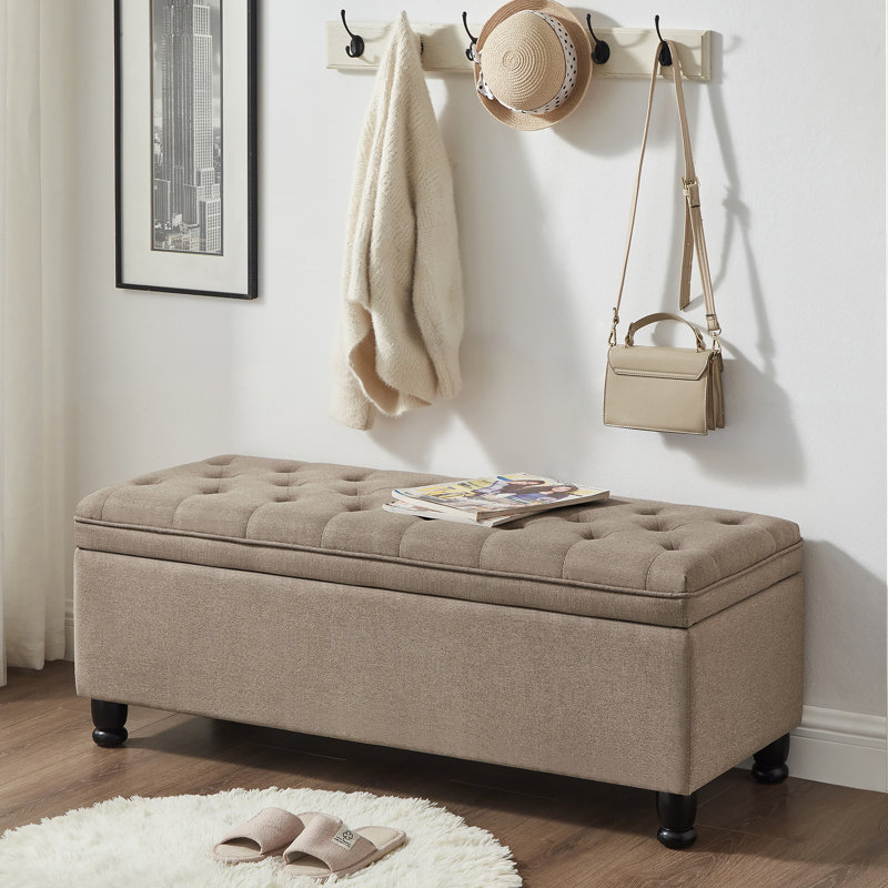 Banc de rangement capitonné capitonné, banc d'entrée en tissu de lin avec pieds en bois fuselés, Linen, Linen, Does Not Apply