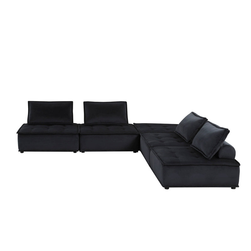 Aveline 120"W Black Velvet 5 Pc Sectional Sofa, Right Hand Facing, 29" H x 120" W x 120" D