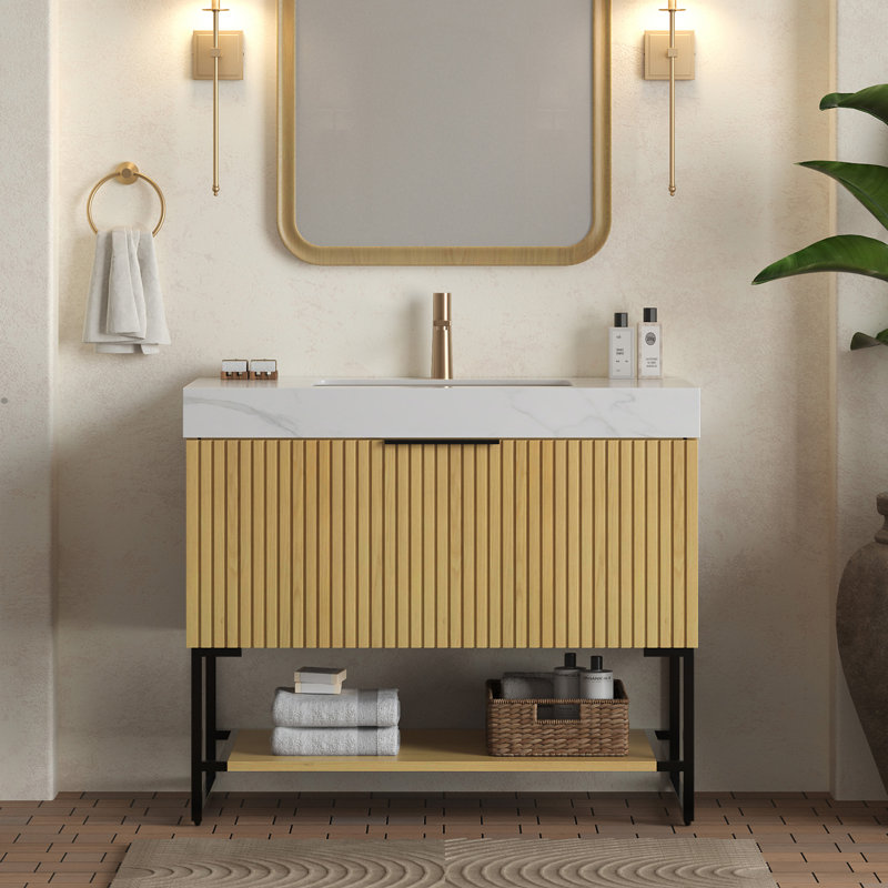 Meuble-lavabo de salle de bain 36 po YOLAN, Marbre blanc pâle, Chêne clair, 36"
