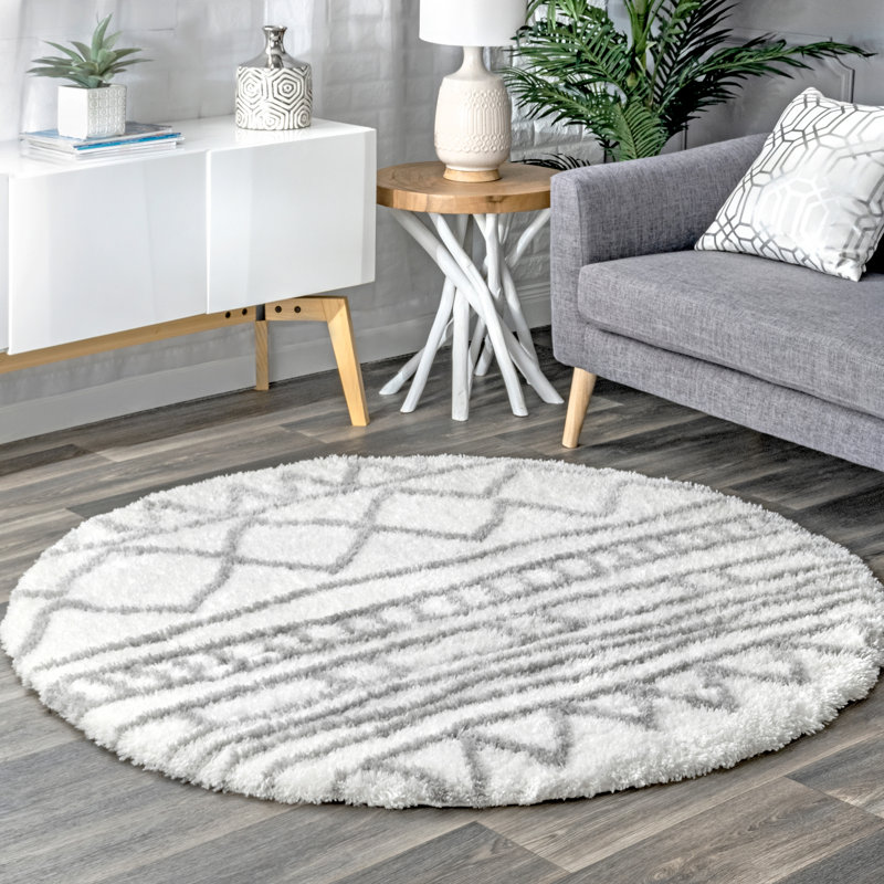 Tapis gris / blanc à motif géométrique Kajuan, Rond 5 pi 3 po