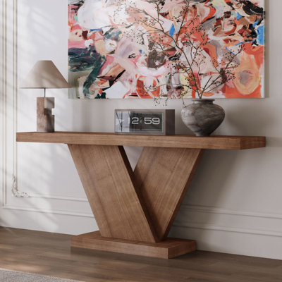 Console de style moderne à 66 pieds en X avec placage en bois massif, table de couloir d'entrée robuste pour les petits espaces, table de chevet étroite de style Mid-Century avec design géométrique et plateau large