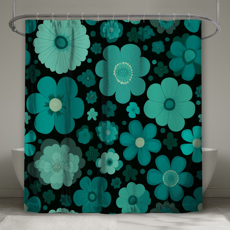 Rideau de douche à fleurs - Décoration florale de salle de bain bohémien, 73"H x 70"W, Light Green/Black Floral