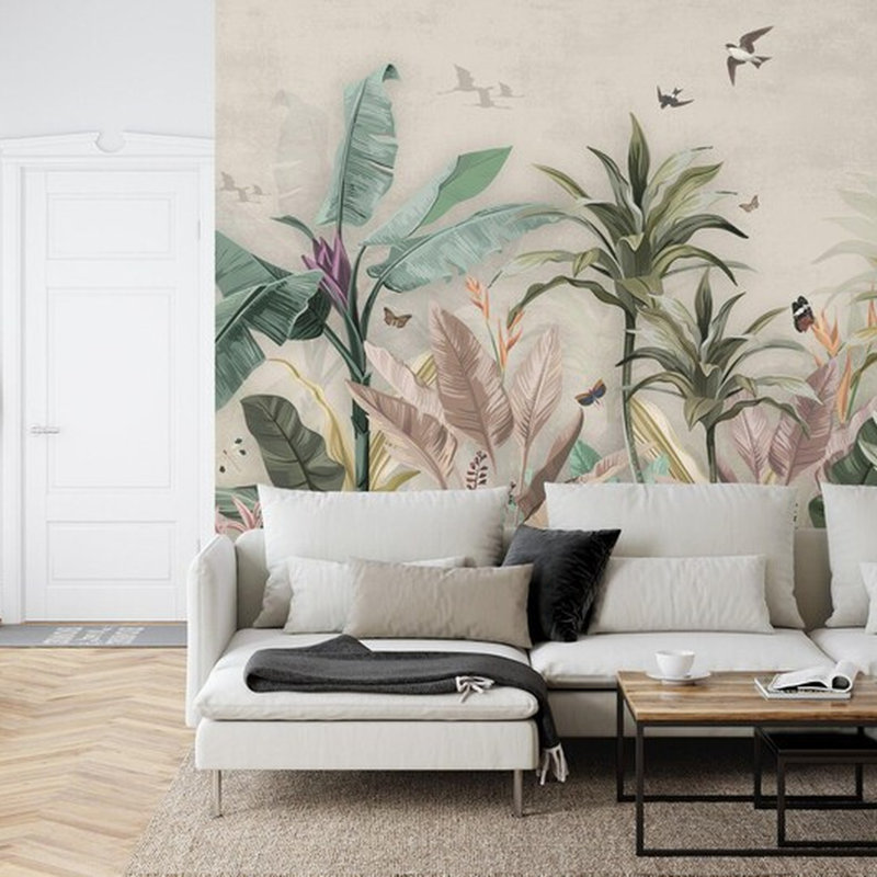 Murale jungle tropicale avec oiseaux, L 108 po x l 96 po